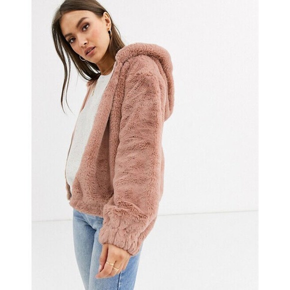 French Connection Arabella Faux Fur Hooded Pink Jacket Size 2 NWT $178 - Picture 1 of 11